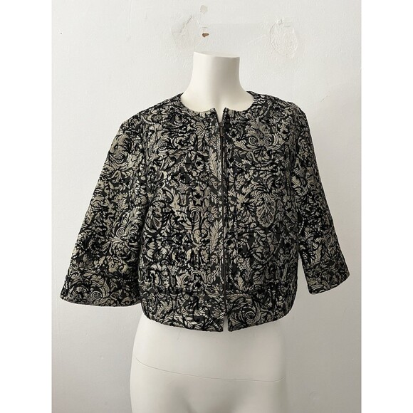 Georgiou floral Jacquard Jacket 10 Cropped 3/4 sleeve zip Black Gold Holiday NYE - Picture 1 of 9